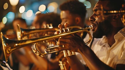 Fototapeta premium Street Musicians Playing Brass Instruments During Festive Night