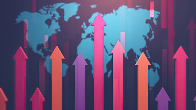 Colorful arrows pointing upward over a world map, representing growth, progress, and positive trends in a global context.