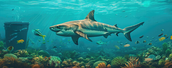 Obraz premium Majestic shark swimming in vibrant coral reef with colorful marine life in a serene underwater scene.