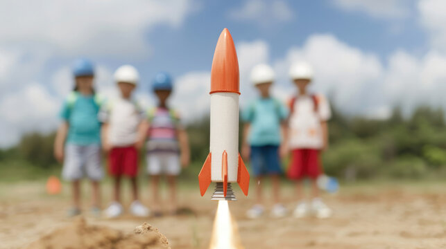 Model rocket launching with a group of children in the background, wearing helmets, on a sunny day during a science and education activity.
