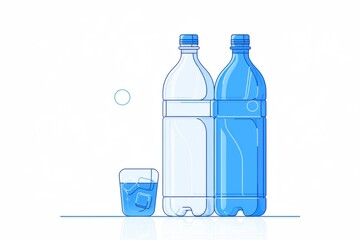 Simple line drawing icon of water bottles and glass on white background.

