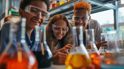 Diverse group of college students performing chemistry experiment in science lab