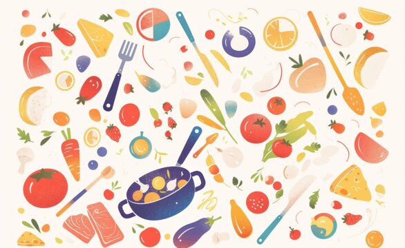 Minimalist Line Drawing of Kitchen Utensils and Ingredients Floating on White Background with Copy Space