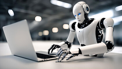 White Humanoid Robot Uses Laptop in Modern Office
