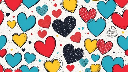 Cute and seamless love heart pattern illustration. Romantic colorful hearts background print. Valentine's day holiday background texture, romantic wedding design. watercolor, hand drawing, brush