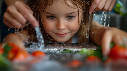 A child joyfully washes colorful vegetables in the kitchen sink, smiling during the fun moment.