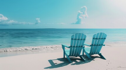 Two empty blue Adirondack chairs on a tropical beach symbolize retirement goals and financial planning, representing a business concept for a successful future investment strategy.