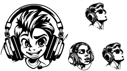 Sunglasses men and woman,Men Facial Set,Uomo, donna, occhiali da sole,Female face in glasses, black on a white background,
 texture for design, seamless pattern, vector illustration

