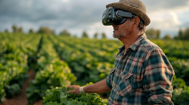 Elderly farmer wearing VR goggles in a lettuce field, integrating technology with agriculture.