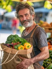 Fototapeta premium A person carrying a paper bag filled with fresh produce, great for illustrating food-related concepts or everyday life scenes
