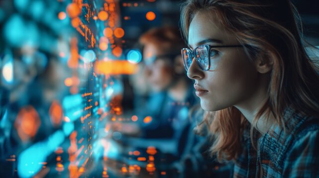 Young programmer focused on code with glowing data in futuristic workspace, wearing glasses.