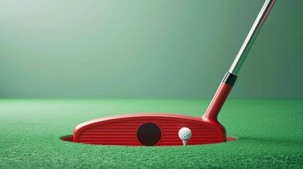 3D vector illustration of a golf ball and putter nearing the hole representing the sport and competition concept