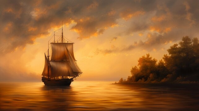 Nostalgic seafaring galleon sailing at dawn, 1600s style, sepia tones, detailed illustration, serene atmosphere