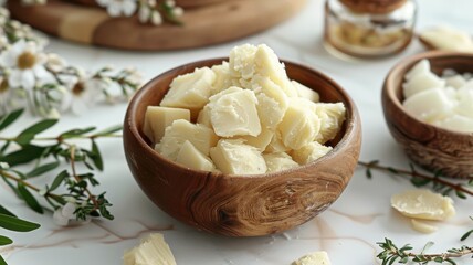 Wooden bowls filled with raw cocoa butter chunks on a marble surface, surrounded by greenery and flowers.