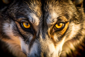 A wolf's face with yellow eyes and a brownish-gray muzzle