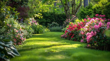 Obraz premium A lush green botanical garden with blooming spring flowers and a lawn path