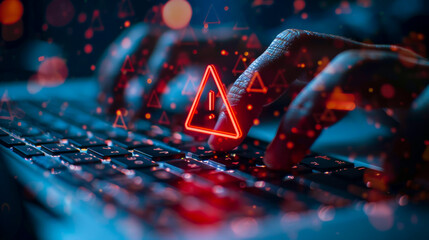 Hands Typing with Warning Triangle. working on a laptop keyboard with a prominent warning triangle symbol, highlighting cybersecurity threats and the importance of digital security measures.