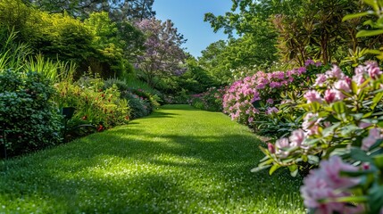 Fototapeta premium A lush green botanical garden with blooming spring flowers and a lawn path