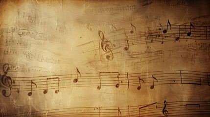 A rustic background with faded, sepia-toned music notes overlaying a textured, old paper surface, reminiscent of antique sheet music.