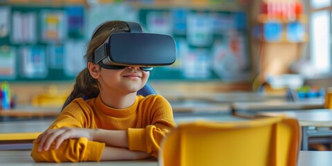 Girl using VR headset in classroom, engaging with virtual reality for educational and interactive learning.