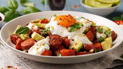 Sweet Potato and Chorizo Hash with egg, avocado and herbs.