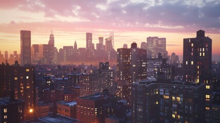 Fototapeta premium A city skyline at dusk with the sun setting in the background