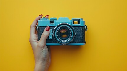 Hand holding a retro camera on a yellow background with copy space for text, World Photography Day concept