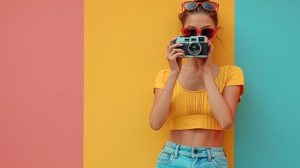Hand holding a retro camera on a yellow background with copy space for text, World Photography Day concept