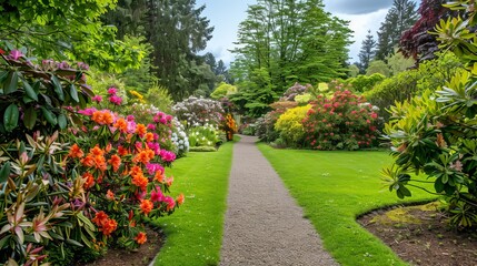 A lush green botanical garden with blooming spring flowers and a lawn path