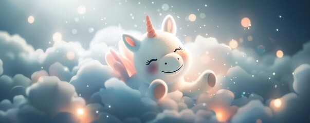 Fototapeta premium Adorable unicorn resting on fluffy clouds under a starry sky. Perfect for children's illustrations, fantasy themes, and dream concepts.