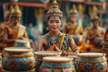 Obraz premium A Moment of Tranquility During a Lively Thai Dance Performance