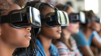 Immersed in Virtual Reality: Close-up of Students in VR Headsets Experiencing Engaging Simulation