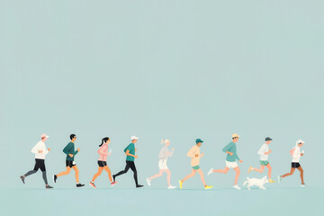 Obraz premium Marathon runners, pacing and movement on course, flat design illustration