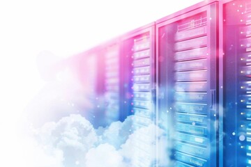 Modern data center with server technology and cloud connectivity. Futuristic digital infrastructure concept with vibrant colors.