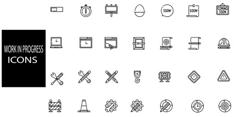 Work in progress simple concept 28 icons set. Contains such comeing soon,ass soon,working etc .Vector illustration.