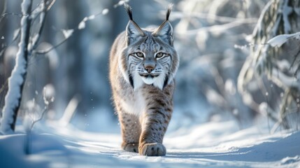 Lynx walking through a snowy forest