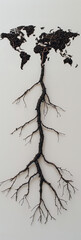Artistic representation of the world map with tree roots extending downwards, symbolizing connection and unity with nature.