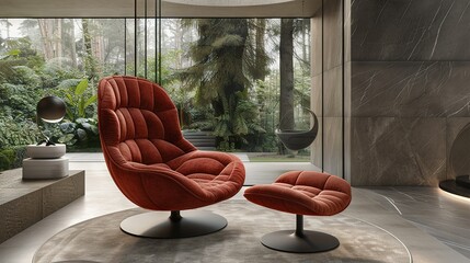 Red chair, ottoman, large window, plant - Room layout