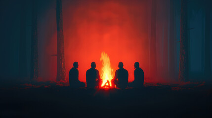 Fototapeta premium Group of people sitting around a campfire in a misty forest, creating a warm and atmospheric scene under the night sky.
