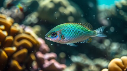 Fototapeta premium Blue-green chromis fish swimming near a coral reef