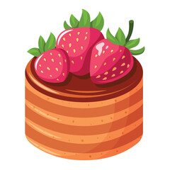A strawberry cake with three strawberries on top. The cake is brown and has a striped pattern. The strawberries are red and have green leaves