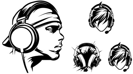 Set of joyful people wearing earphones and headphones, listening to music and dancing. Bundle of happy boys and girls using audio player isolated on white background. Flat cartoon vector illustration.