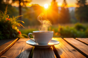 Obraz premium A white coffee cup with steam rising from it sits on a wooden table. The sun is setting in the background, casting a warm glow over the scene. Concept of relaxation and tranquility