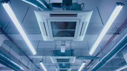 Obraz premium Detailed illustration of ceilingmounted cassettetype air conditioning units with associated parts of the ventilation system including tubes cables and vents all located inside a hall