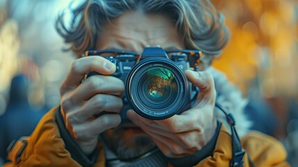 Close up of young man with glasses holding dslr camera, Street Photography, World Photography Day