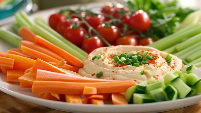 A platter of colorful crudit featuring crisp carrots celery bell peppers and cherry tomatoes with creamy hummus for dipping.