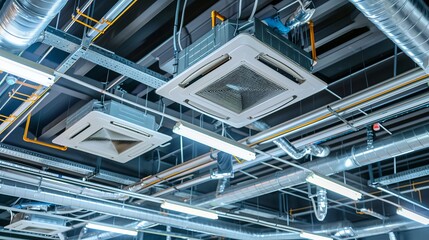 Detailed illustration of ceilingmounted cassettetype air conditioning units with associated parts of the ventilation system including tubes cables and vents all located inside a hall