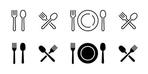 For and spoon icon set. Eatery symbol. Kitchen utensil vector illustration. Tableware serving sign. Crossed fork and spoon pictogram. Menu button.