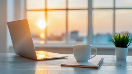 Cozy home office desk with a laptop, coffee cup, and plant in sunlight. Perfect setting for remote work and productivity.