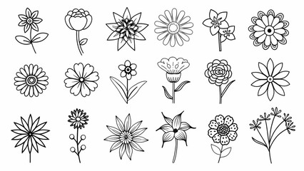 Simple line drawings of various flowers for coloring and art